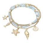 3PCS - Starfish Shell Fish Charm Beaded Stretch Multi Layered Bracelets