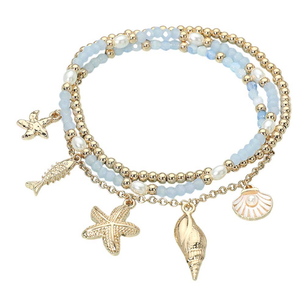 3PCS - Starfish Shell Fish Charm Beaded Stretch Multi Layered Bracelets