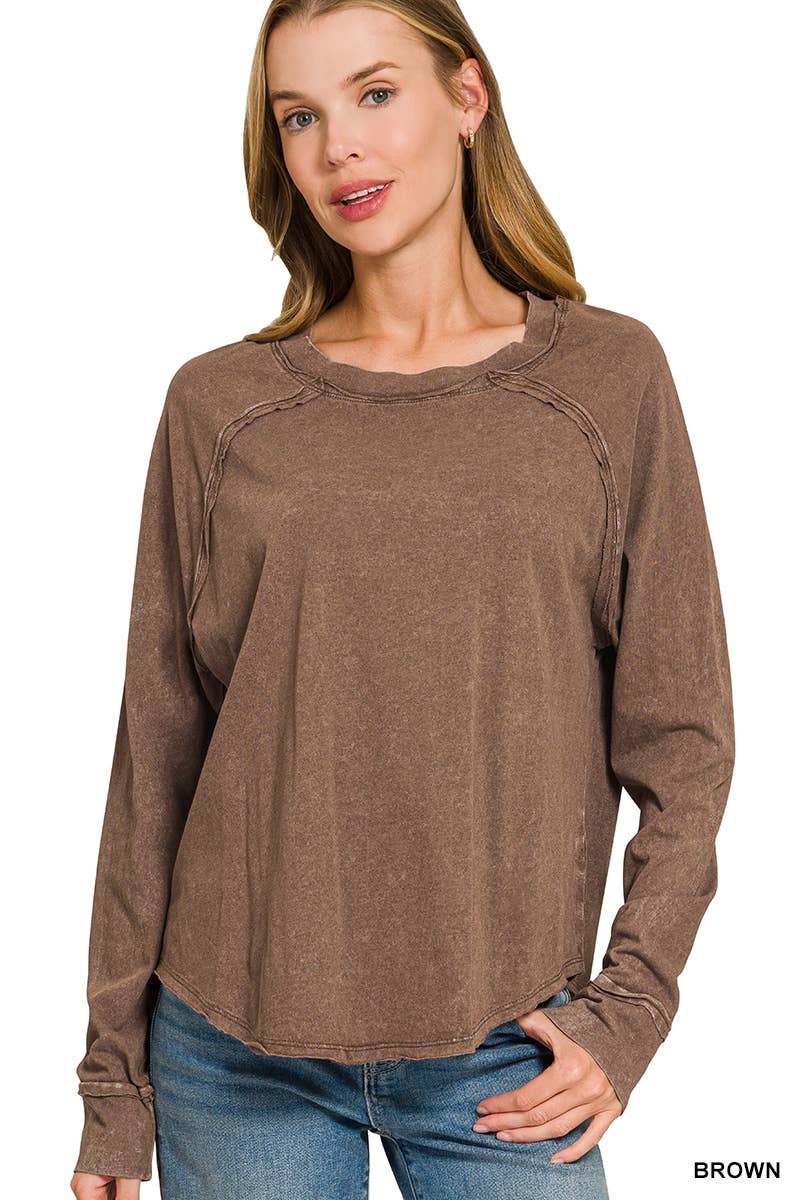 Washed Scoop Neck Long Sleeve Top Zenana