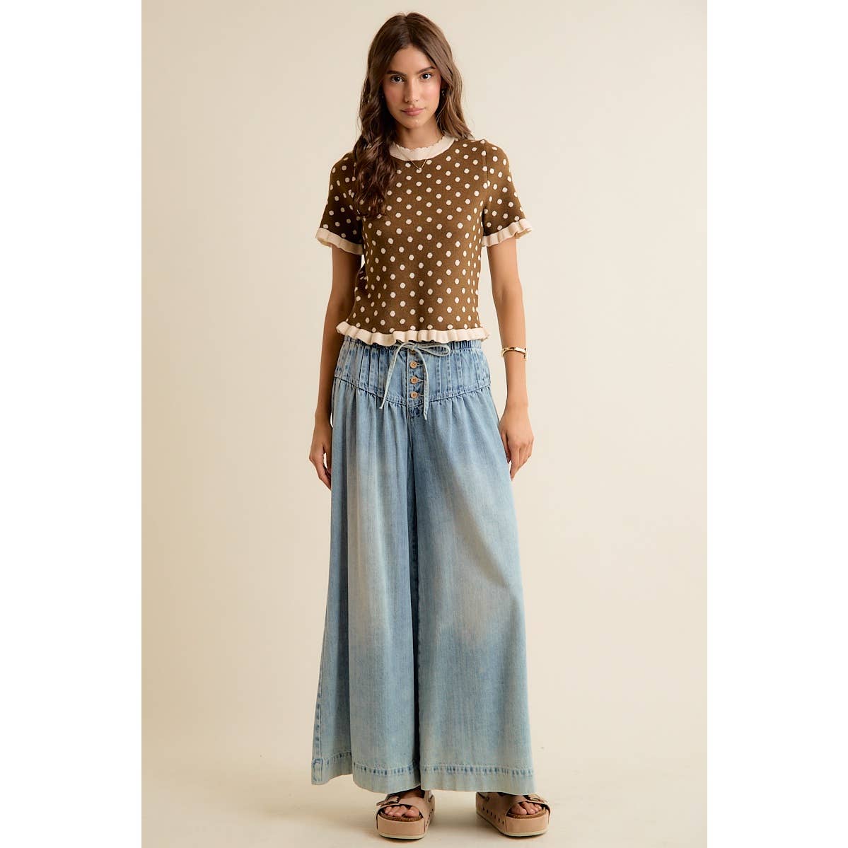 POLKA DOT RUFFLED SHORT SLEEVES SWEATER KNIT TOP