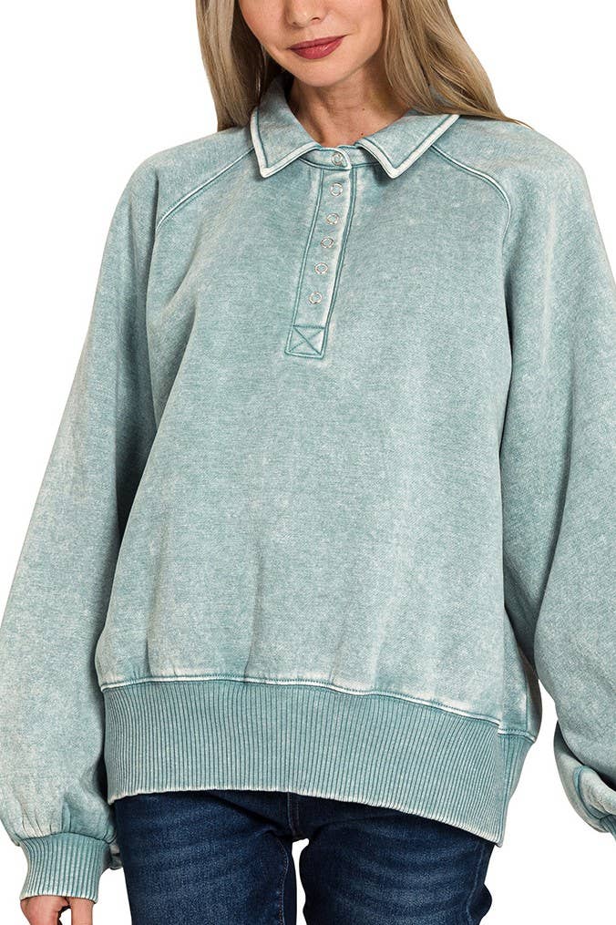 Acid Wash Fleece Button Up Collared Pullover