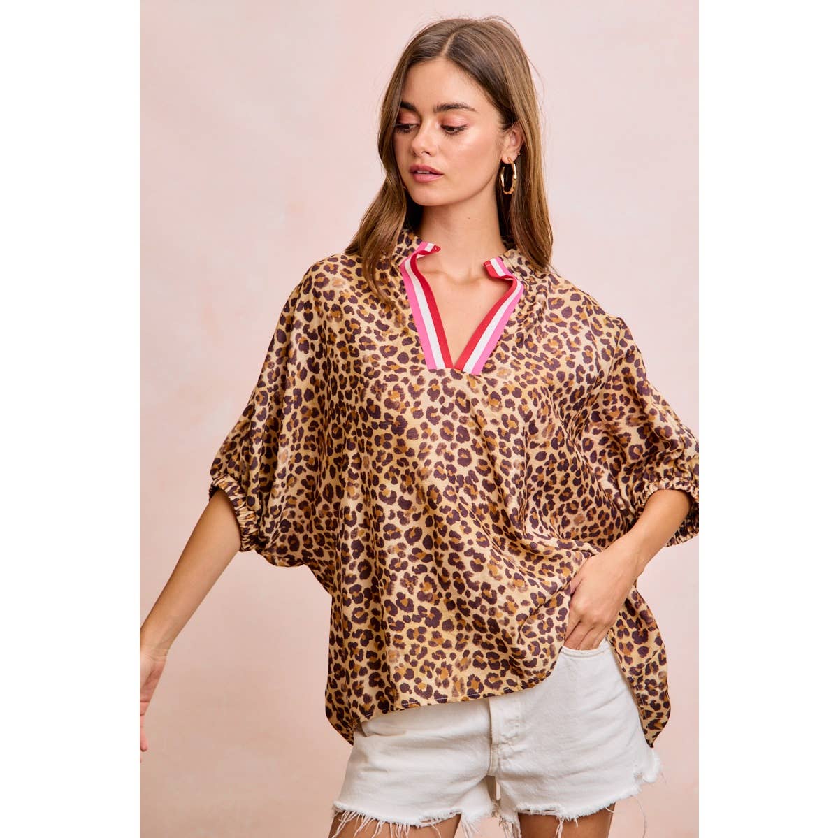 LEOPARD CONTRAST BANDED DOLMAN SLEEVES BLOUSE TOP