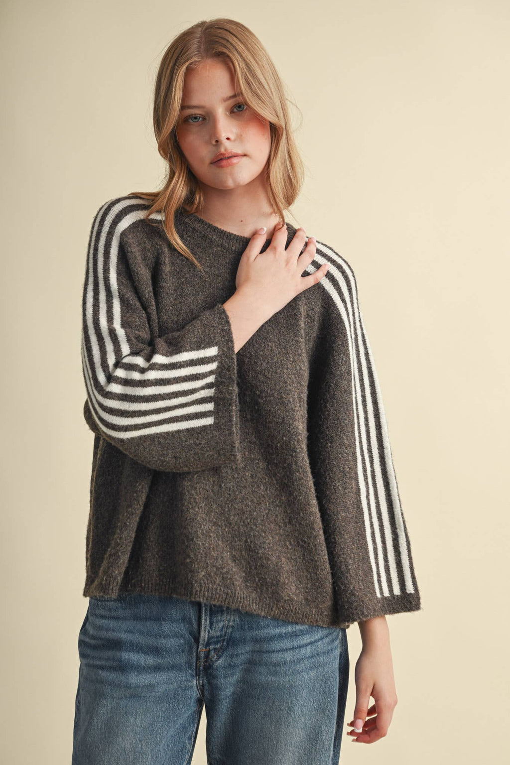 STRIPED 3/4 SLEEVE SWEATER MSW11585