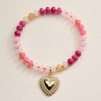 Beaded Heart Charm Stretch Bracelet Set | 3-Piece Layered Stack with Gold Accents
