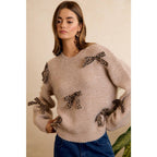 LEOPARD BOW ACCENT SOFT KNIT PULLOVER SWEATER