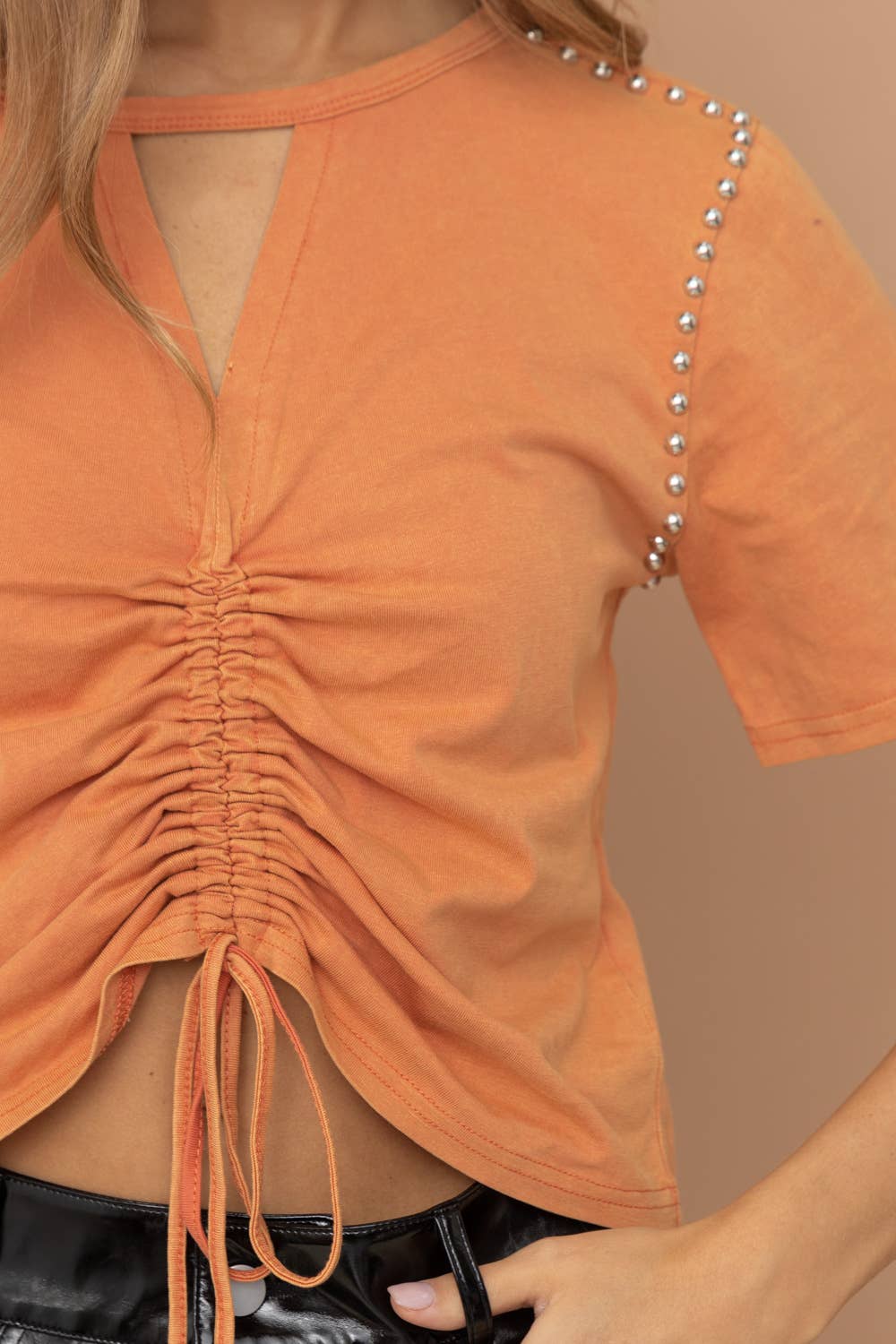 32154T - Washed Cut Out V Tunnel Cinch Tie Front Studded Tee