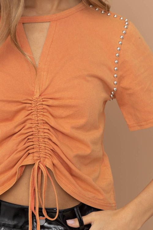 32154T - Washed Cut Out V Tunnel Cinch Tie Front Studded Tee