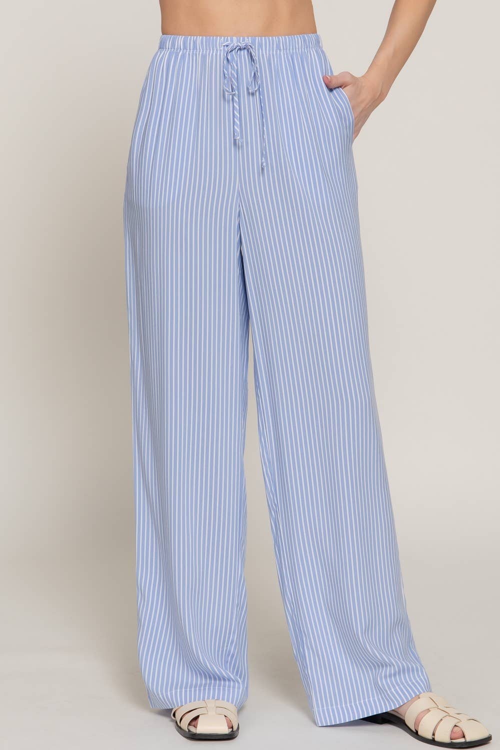 Waist Band with String Stripe Print Woven Pants