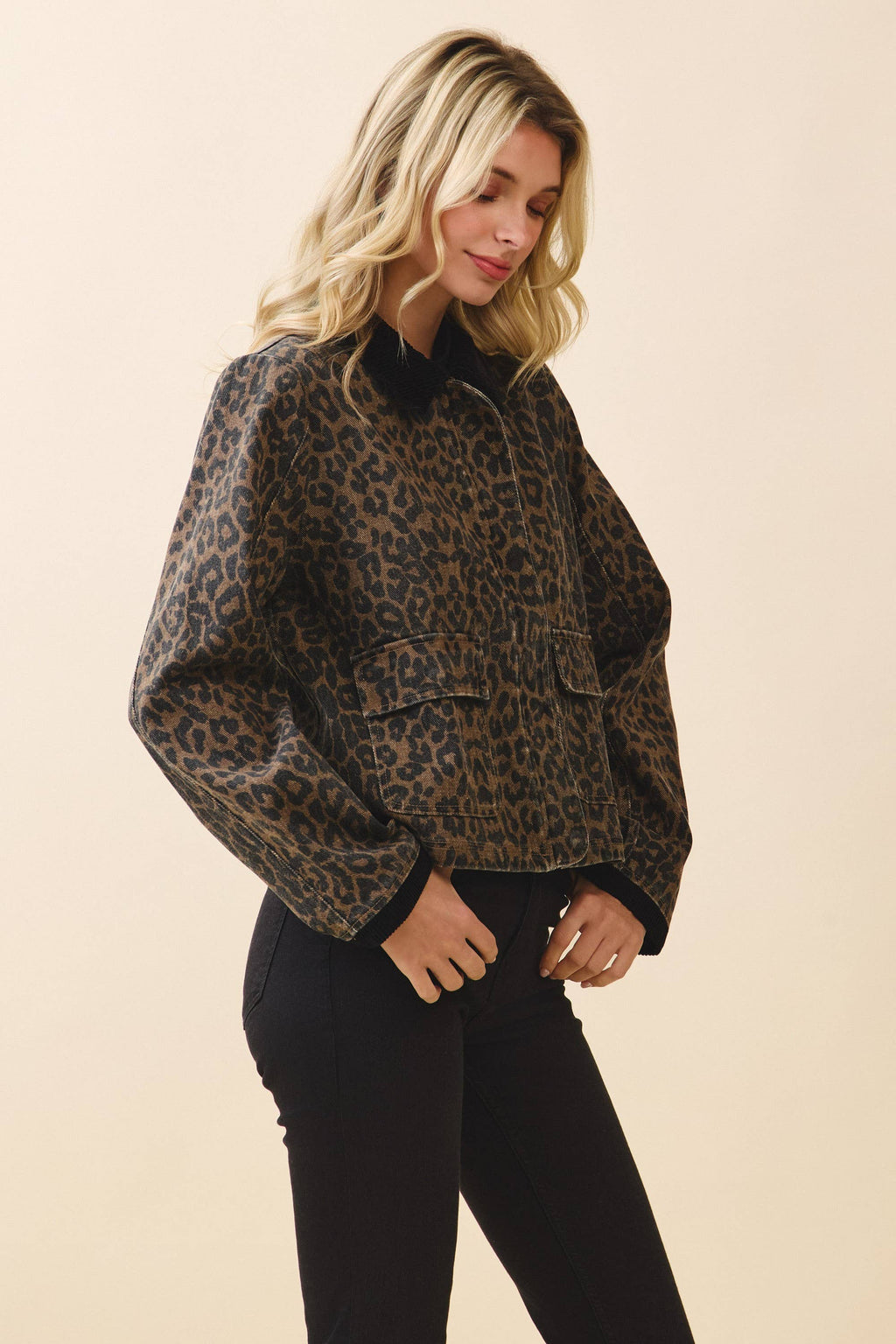 CJ6719-Leopard Print Contrast Corduroy Detail Jacket
