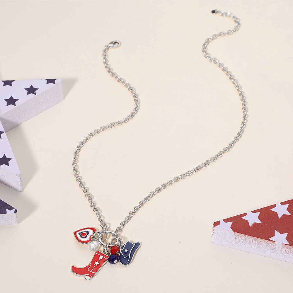 Enamel American USA Flag Cowboy Heart Pearl Charm Necklace