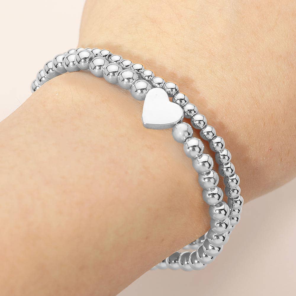 2PCS - Gold Dipped Heart Charm Ball Beaded Stretch Multi Layered Bracelets