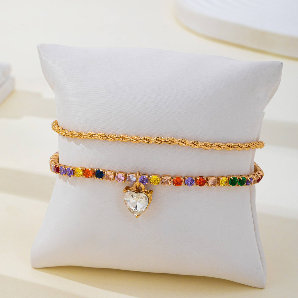 Multi-Color Crystal Heart Charm Tennis Bracelet | 80B1829