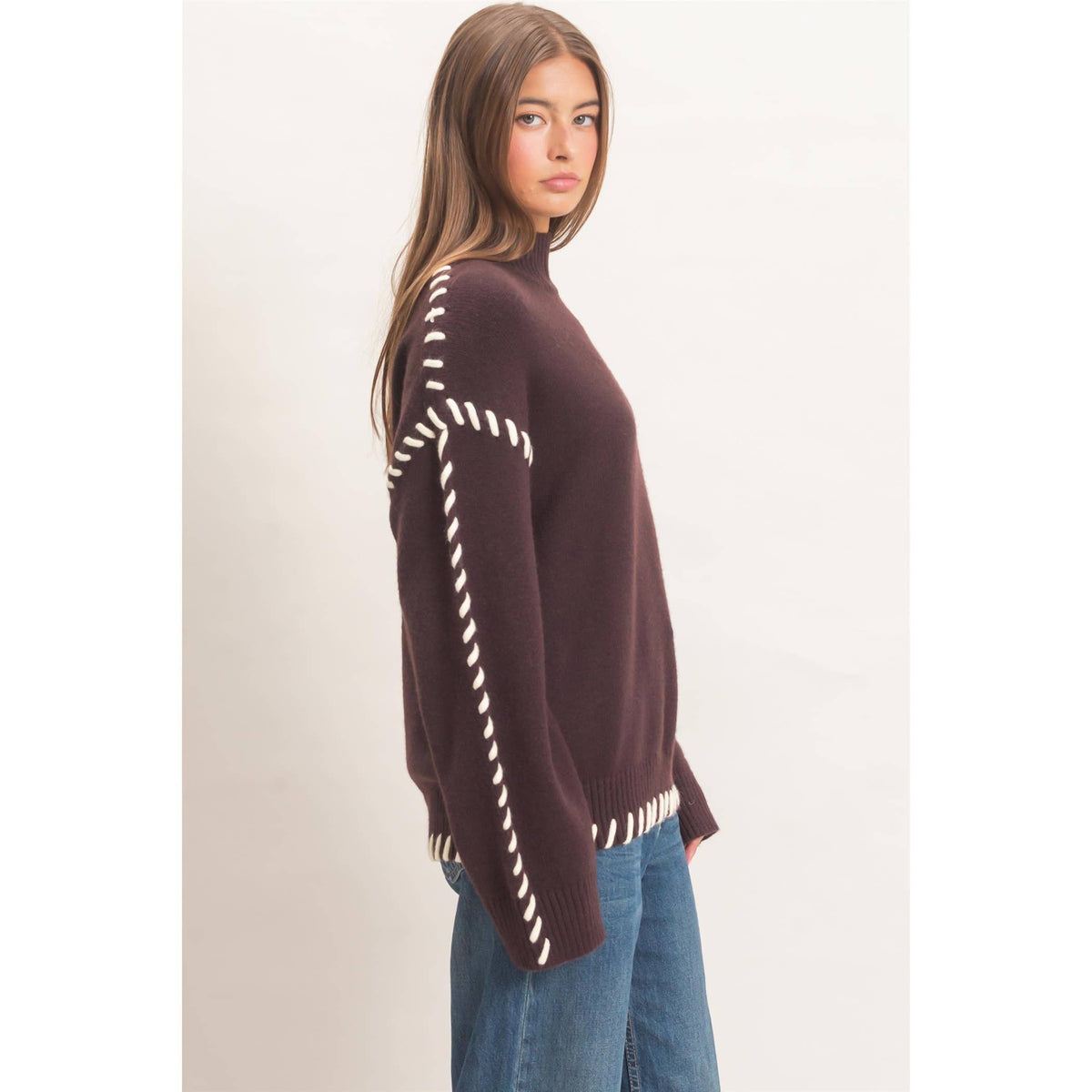 Blanket Stitch High Neck Sweater