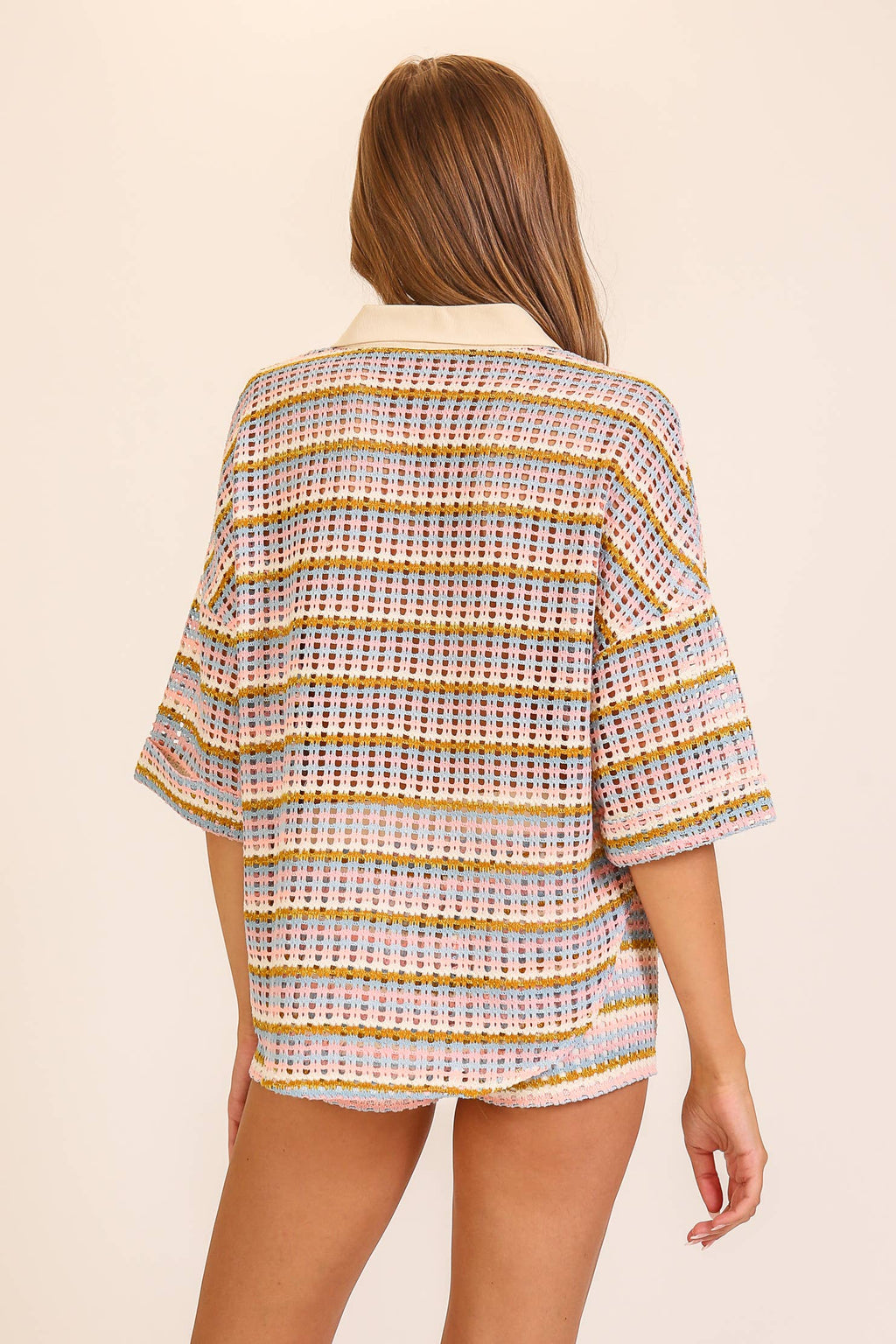 Striped Open-Knit Button-Up Short Set
