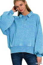 Acid Wash Fleece Button Up Collared Pullover