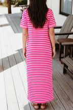 Striped Short Sleeve Scalloped Trim Side Slit Dress (S-XL)