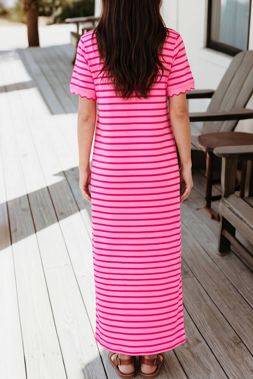 Striped Short Sleeve Scalloped Trim Side Slit Dress (S-XL)