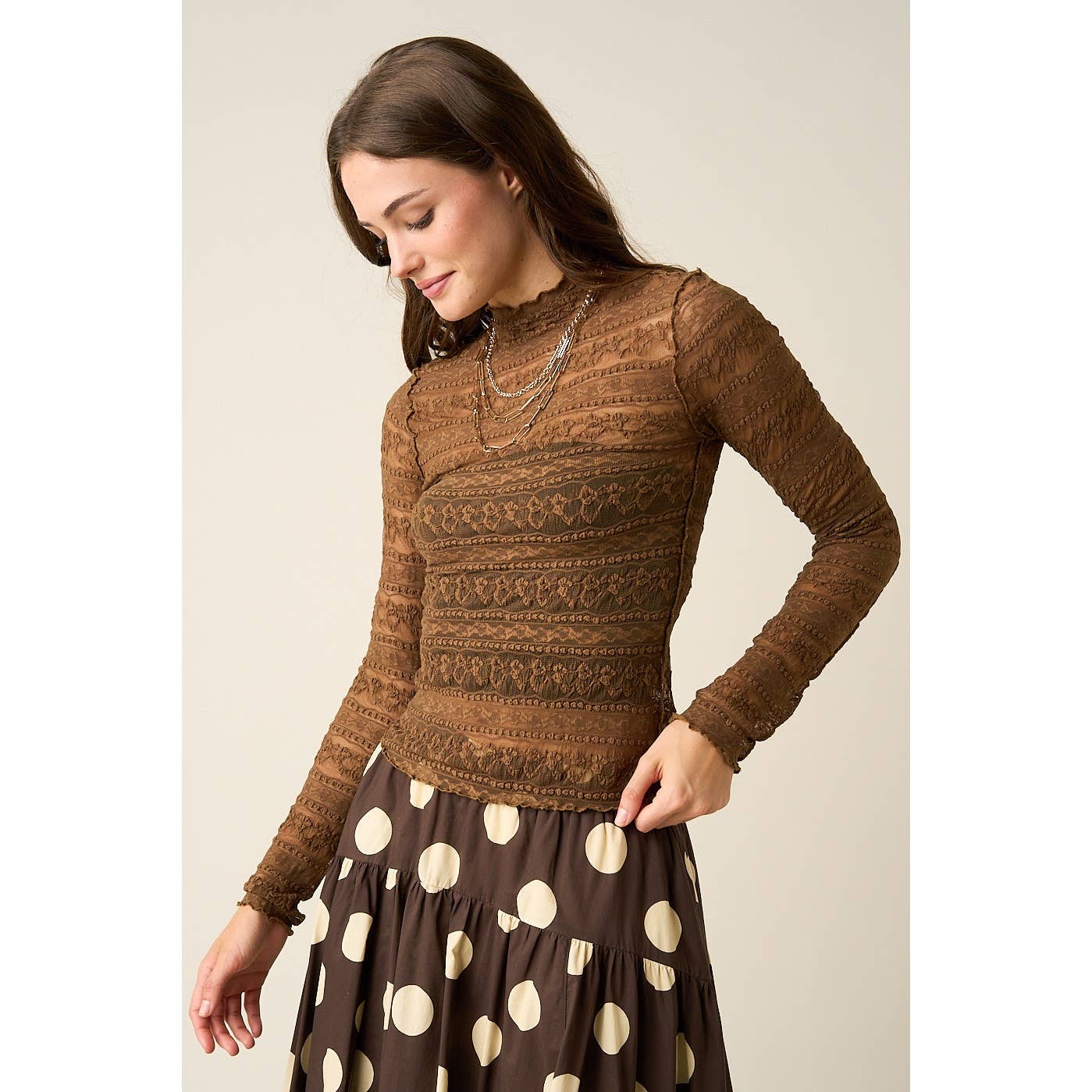 TEXTURED MOCK NECK LACE MESH TOP