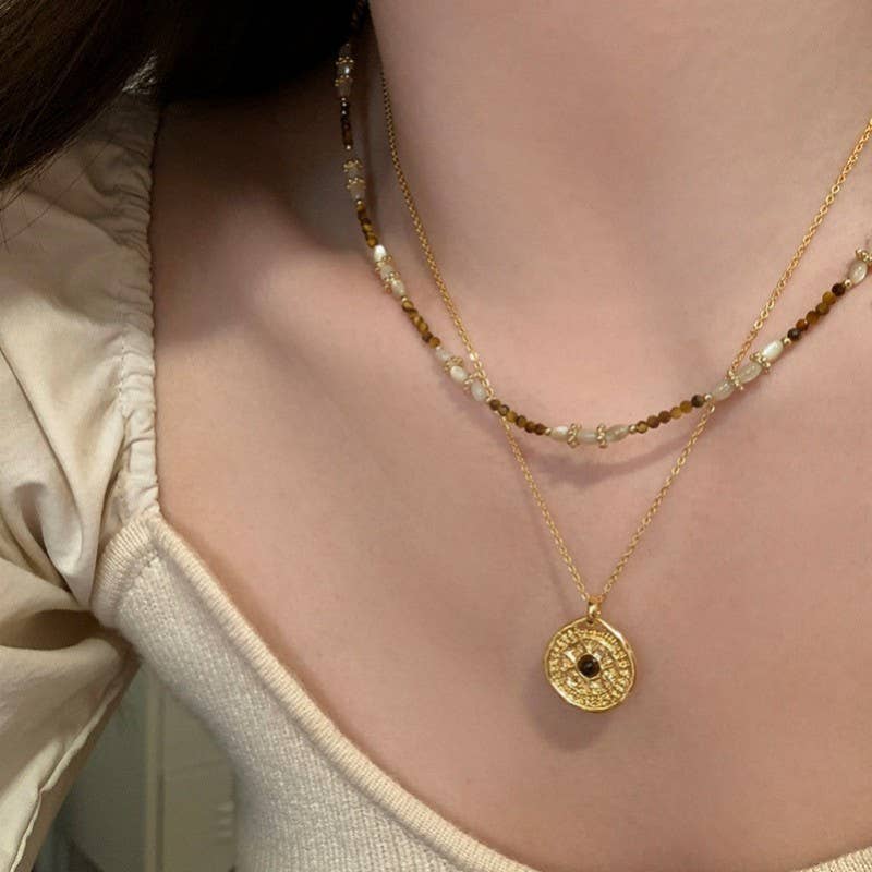 MULTI LAYER BEADED CHAIN COIN CHARM NECKLACE | 40NK9622