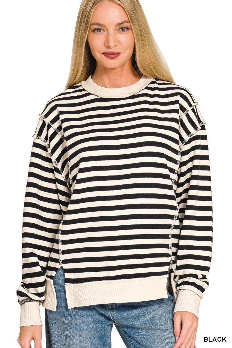 Premium Yarn Dyed Striped Fleece Exposed-seam Sweatshirts