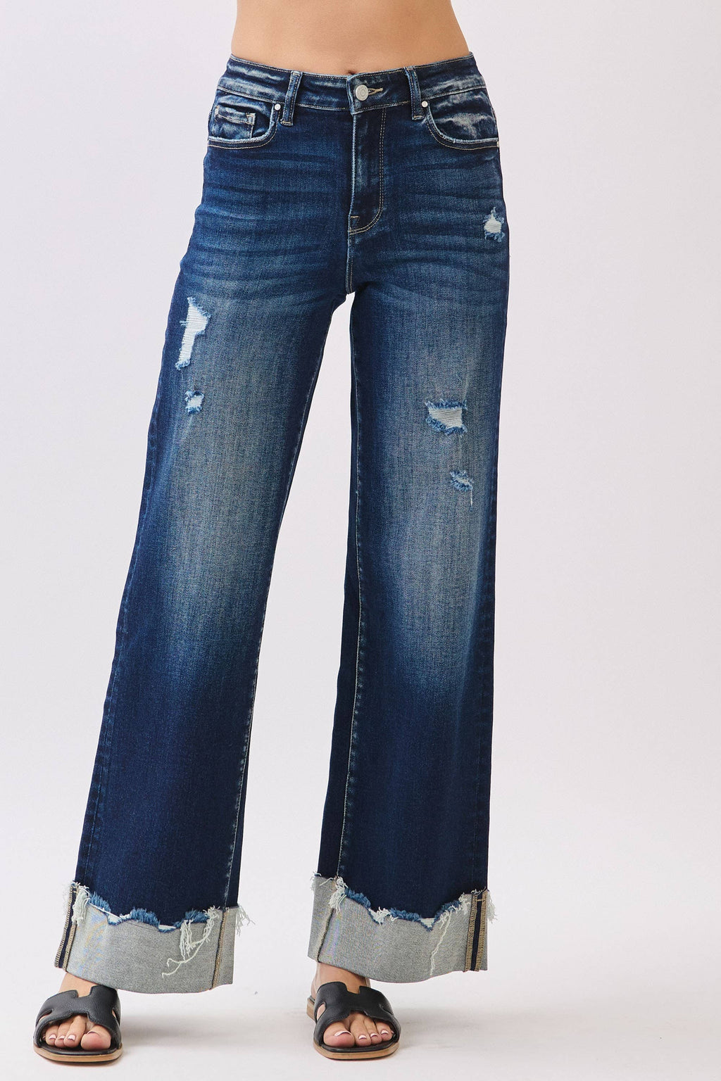 P1554W-DK HIGH RISE STRETCH WIDE LEG W/ CUFFED HEM JEANS