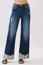 P1554W-DK HIGH RISE STRETCH WIDE LEG W/ CUFFED HEM JEANS