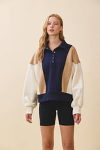 9161HK Collared Colorblock Henley Pullover Sweatshirt