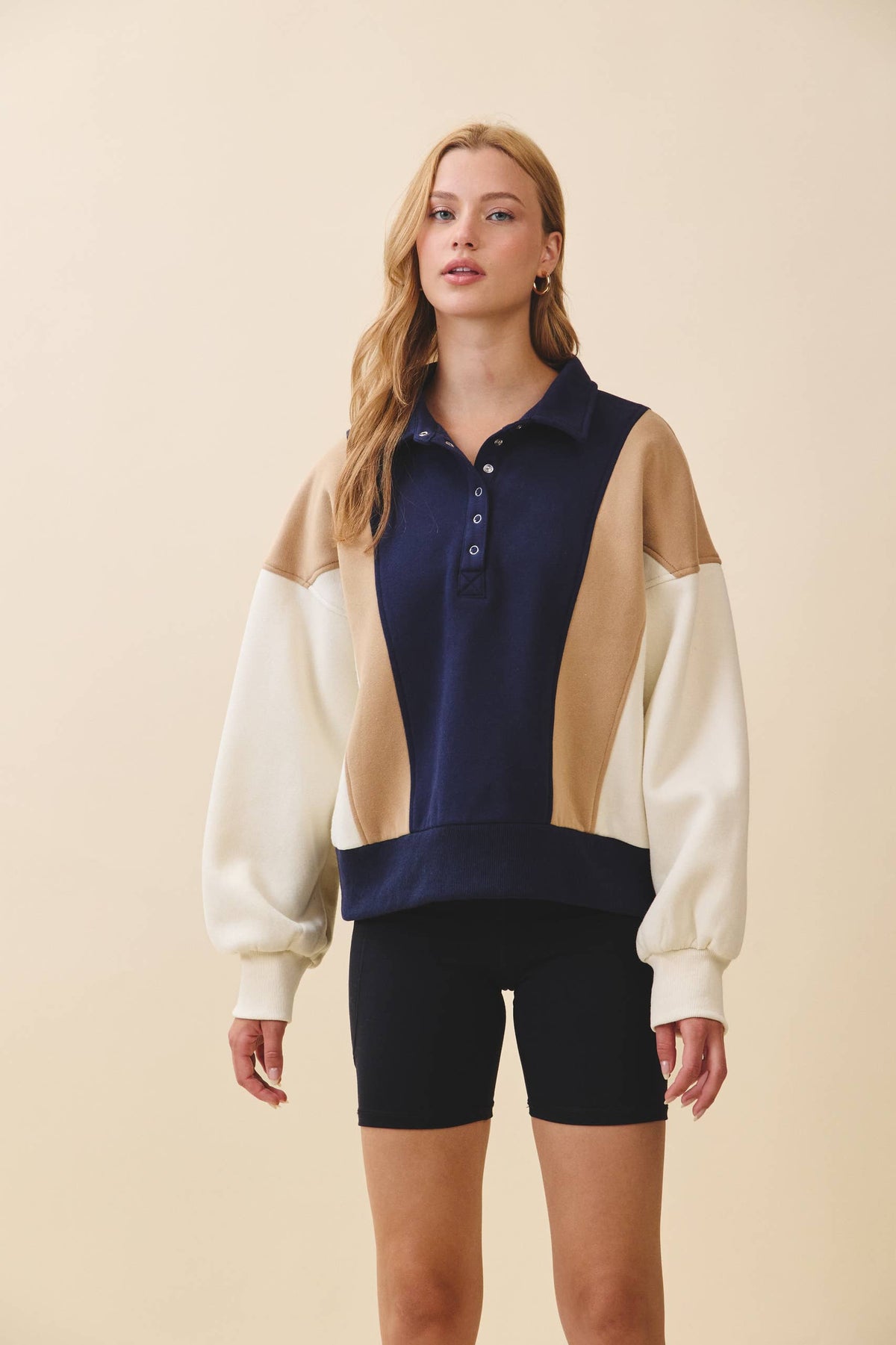 9161HK Collared Colorblock Henley Pullover Sweatshirt