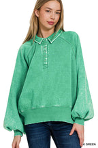 Acid Wash Fleece Button Up Collared Pullover