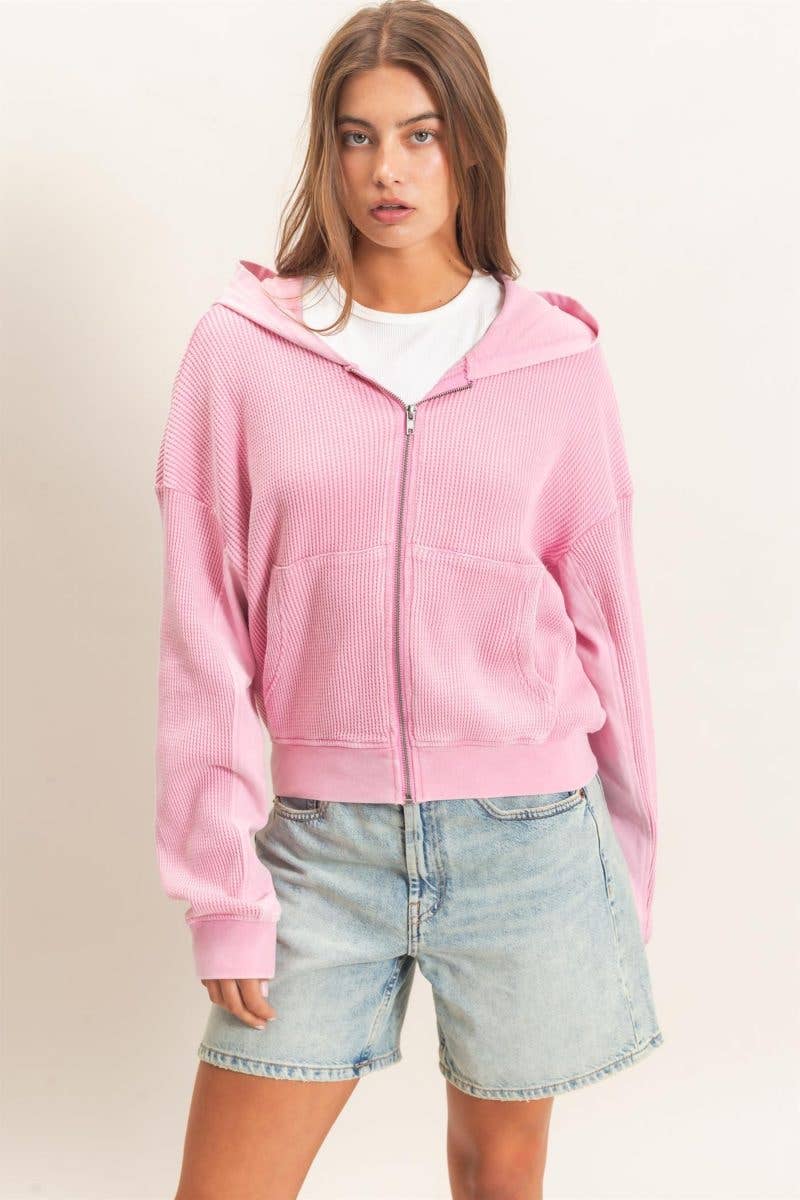 Acid Wash Waffle Knit Zip-up Hoodie