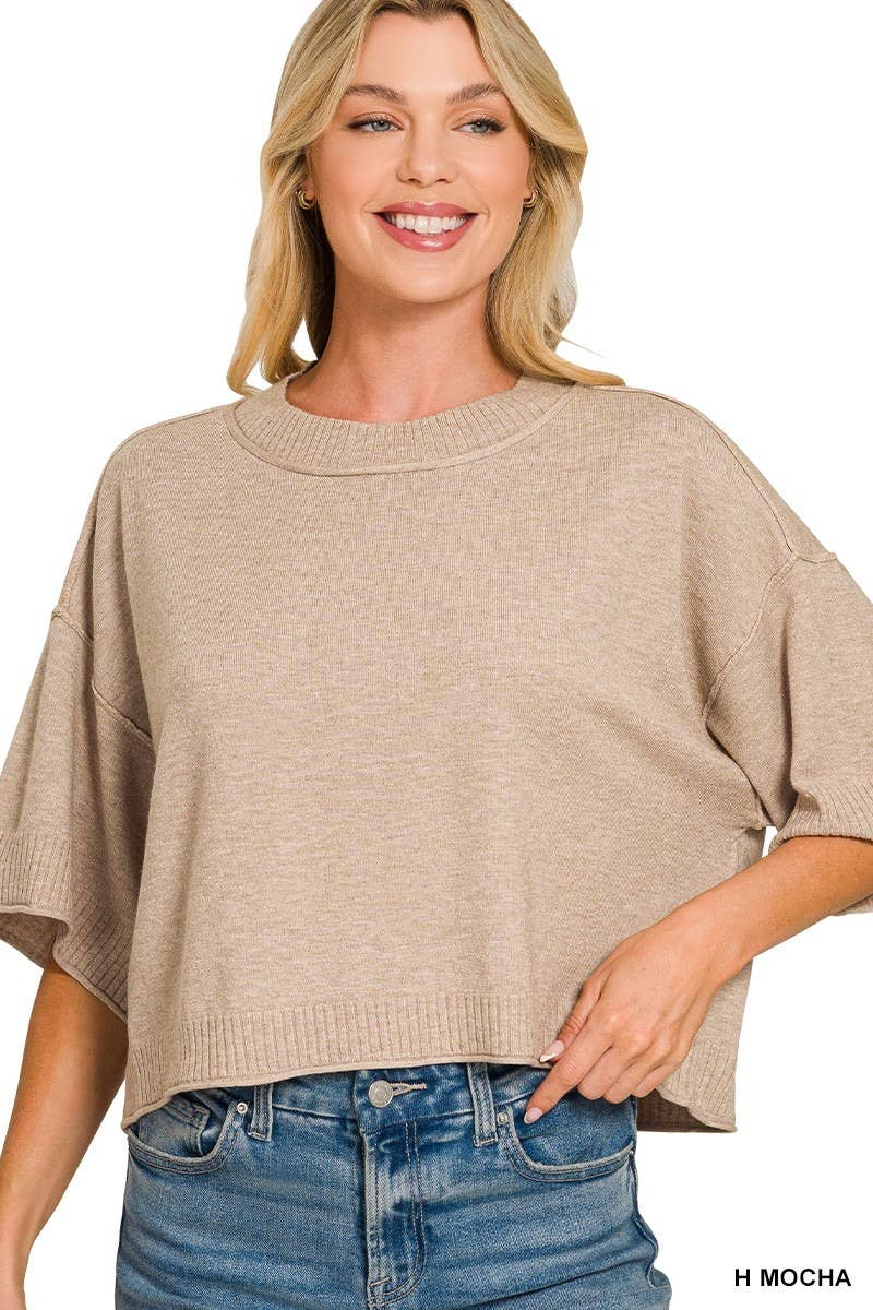 Viscose Mock Neck Short Sleeve Boxy Sweater