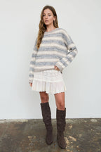 HEATHERED MULTI-STRIPE RAW EDGE KNIT SWEATER