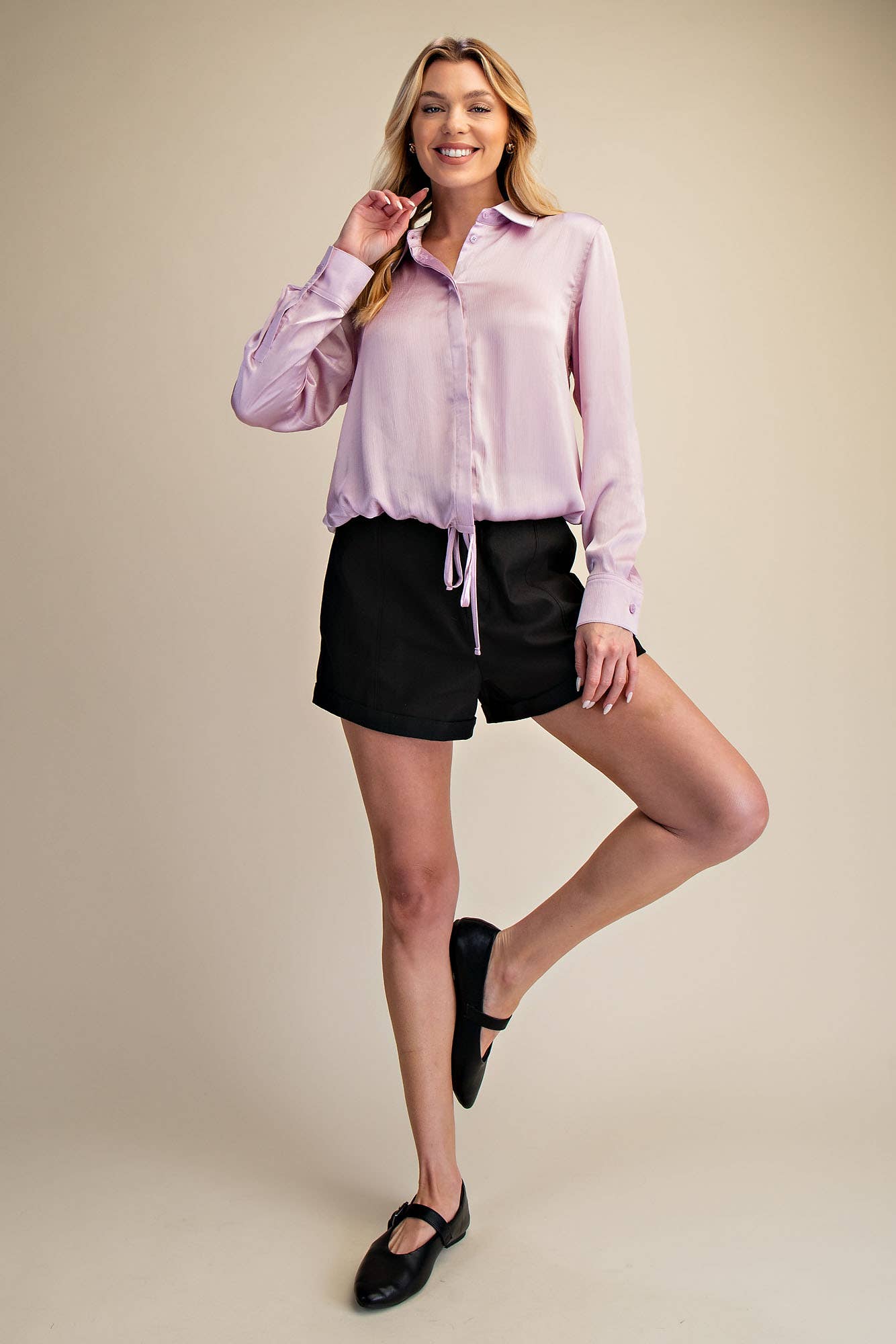 Collar Neck Long Sleeve Adjustable Drawstring Hem Shirt