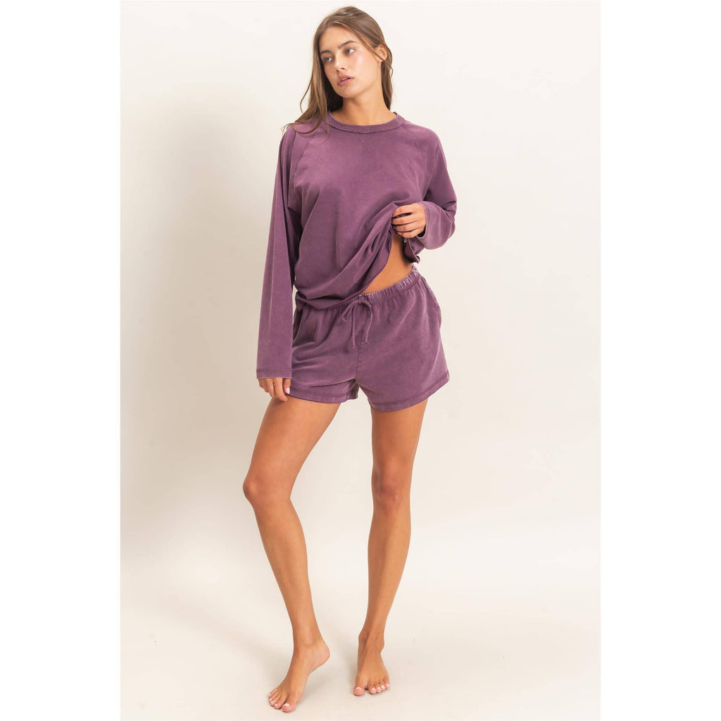 Mineral Wash Long Sleeve Raw Edge Top & Shorts Set