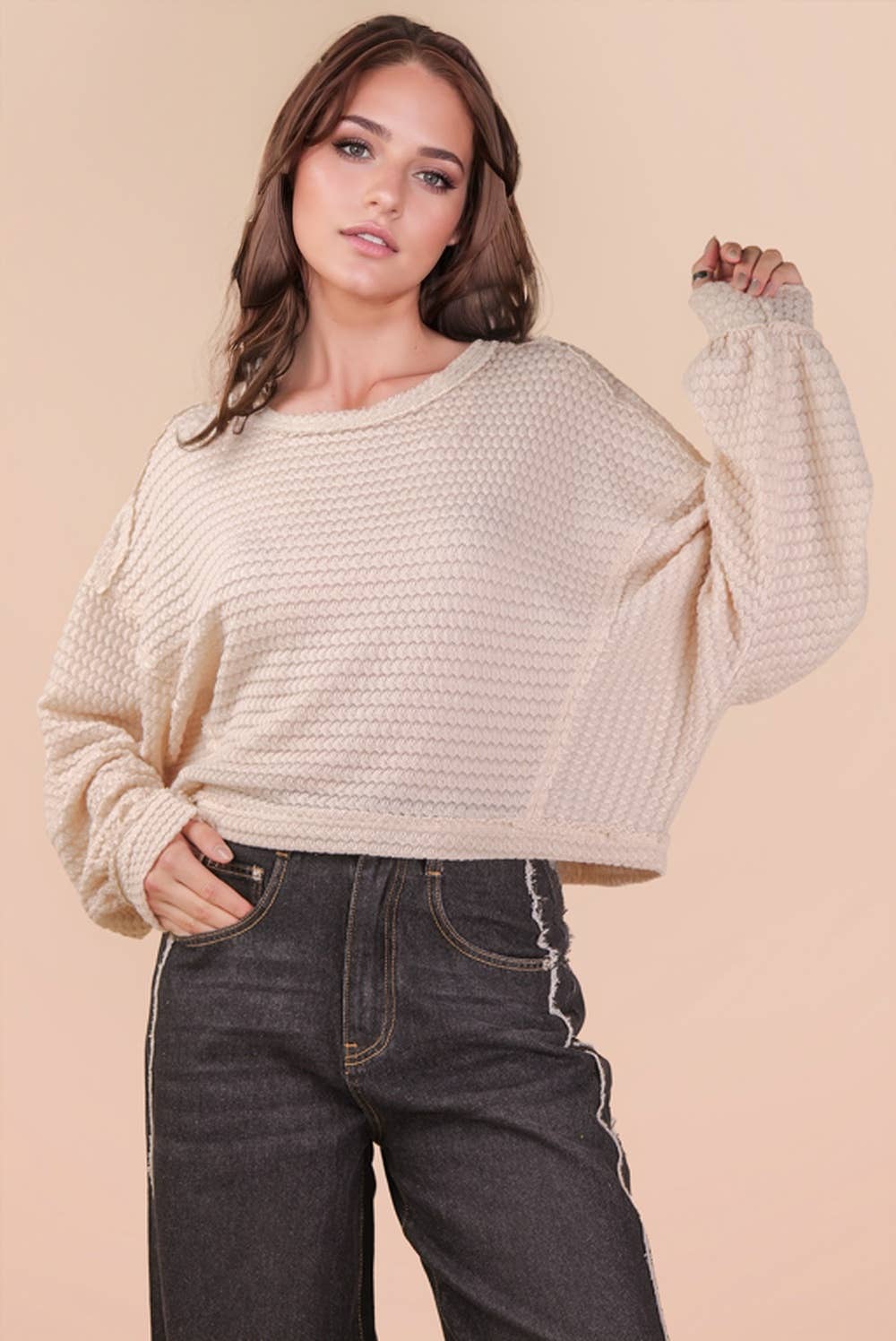 NT11982-Oversized Waffle Solid Knit Causal Top