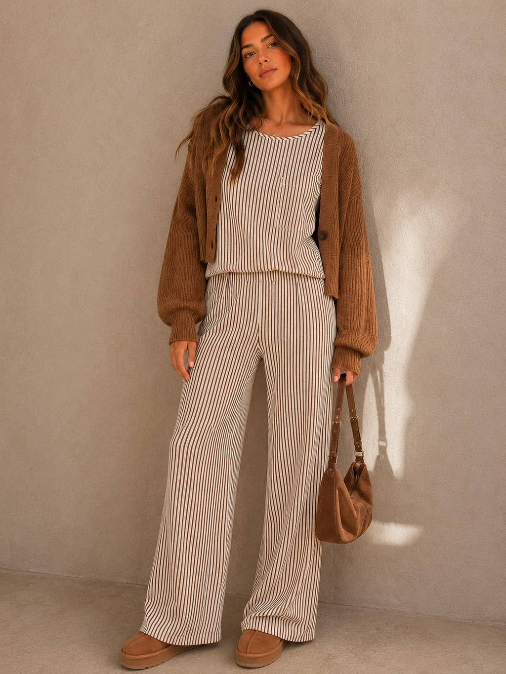 Striped Textured Top & Wide Leg Pant Set