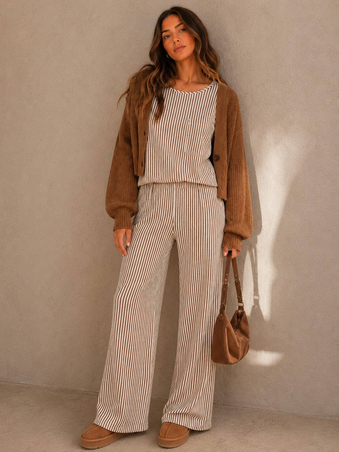 Striped Textured Top & Wide Leg Pant Set