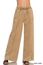 Acid Washed Fleece Pintuck Wide Leg Pants w/ Pockets