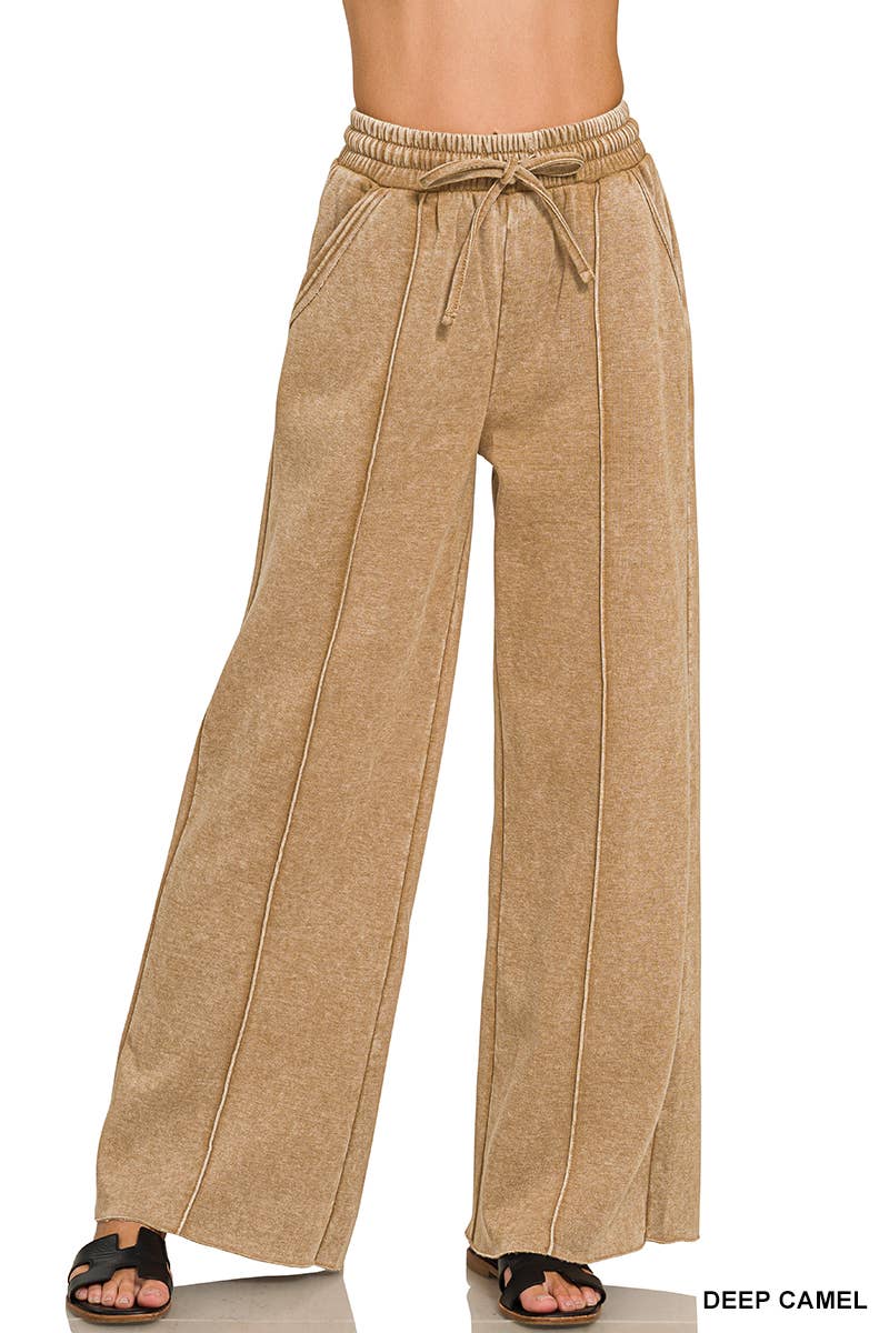 Acid Washed Fleece Pintuck Wide Leg Pants w/ Pockets