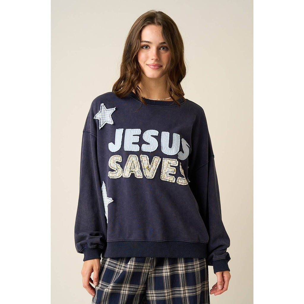 JESUS SAVES PATCHWORK CREW NECK SWEATSHIRT