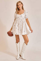 Football Embroidered Game Day Puff Sleeve Dress