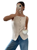 Striped Knit Tank Button Front Sleeveless Casual Summer Top