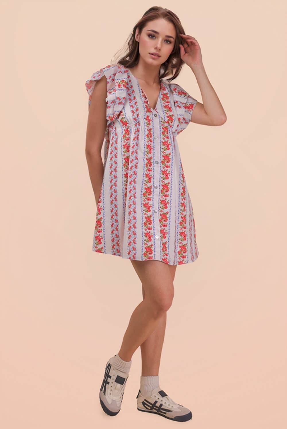 ND31775-Button Down Printed Ruffle Sleeve Mini Dress