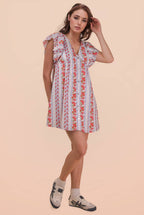 ND31775-Button Down Printed Ruffle Sleeve Mini Dress