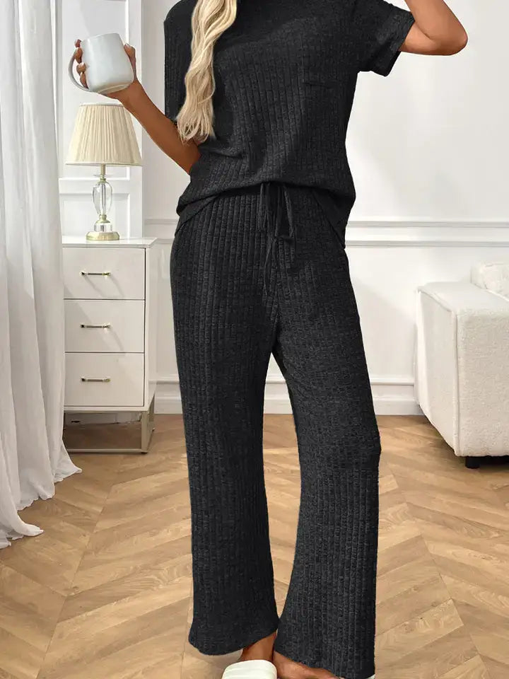 Ribbed Knit Short Sleeve Lounge Set Wide Leg Pants