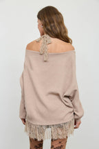 LAYERED HALTER LACE NECK OFF-SHOULDER KNIT TOP