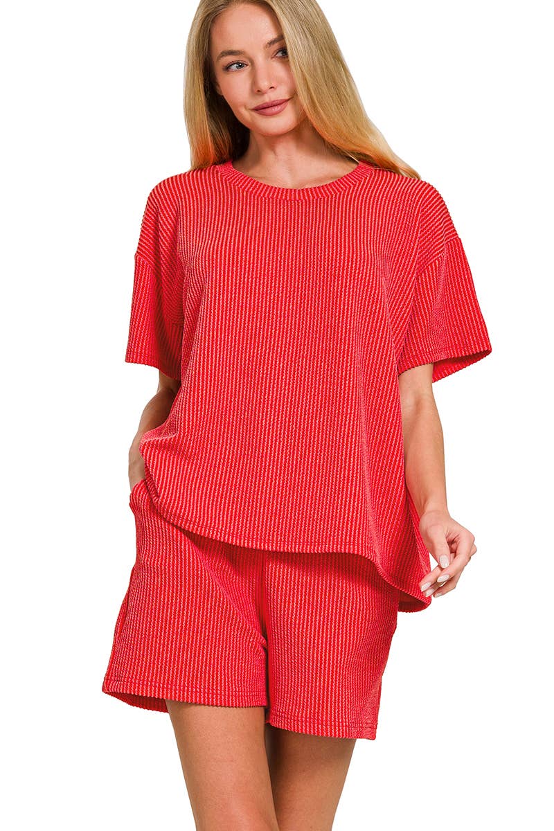 Corded Rib Short Sleeve Tee And Short Pants Set