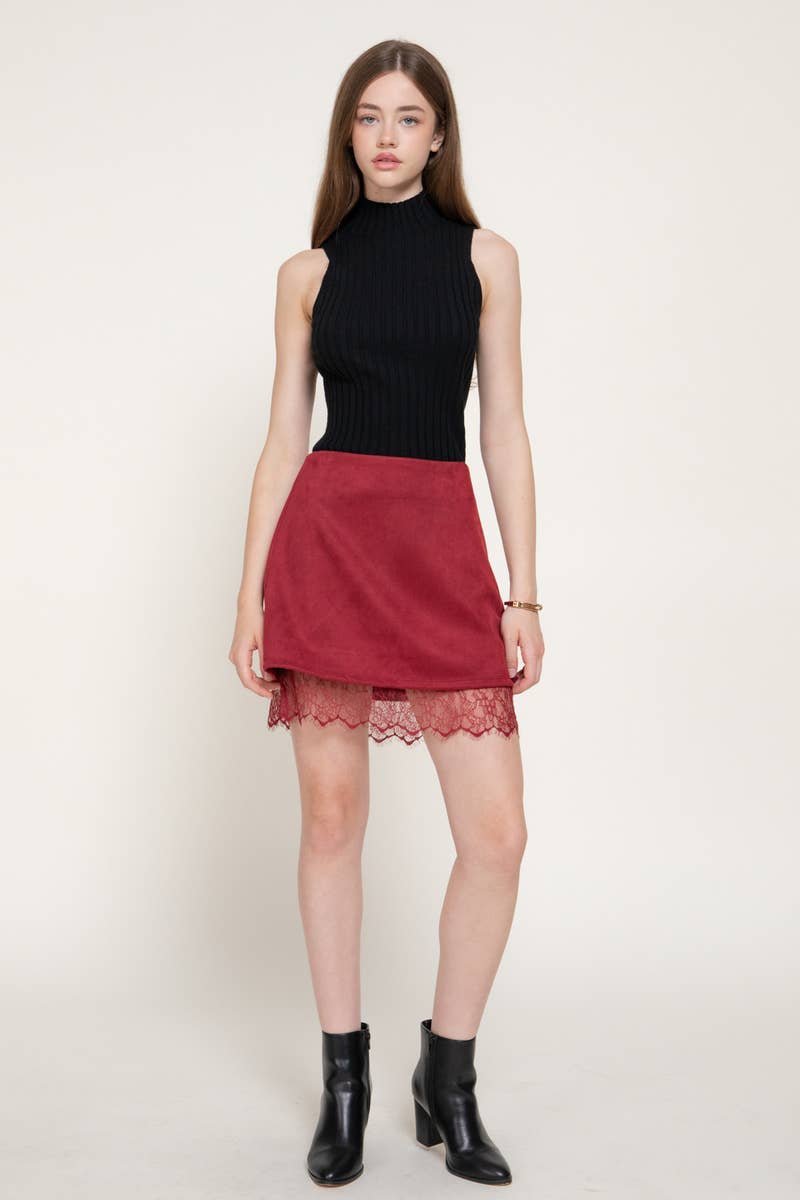 Faux Suede Lace Trim Mini Skirt