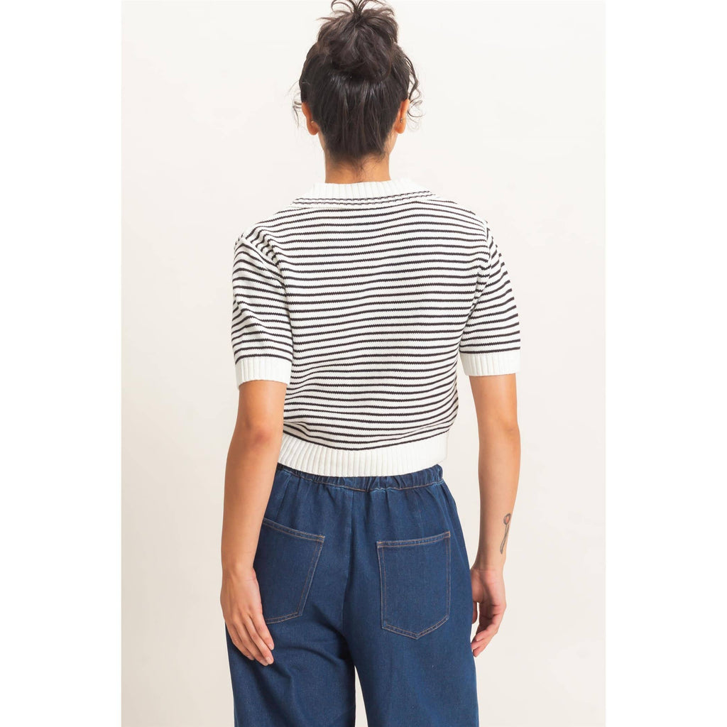 Striped Short Sleeve Collar Knit Top