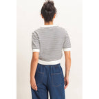 Striped Short Sleeve Collar Knit Top